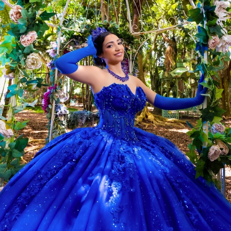 

Shiny Royal Blue Quinceanera Dress Crystal Glitter Decal 3D Flower Long tail Bow Vestidos De 15 Quinceanera ﻿Customize