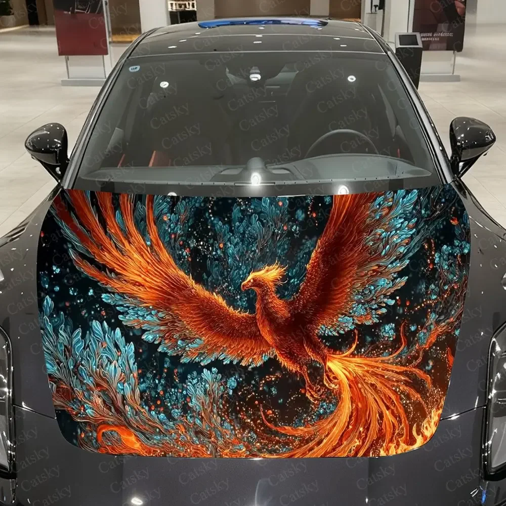 Flame-Colored Phoenix Car Vinyl Wrap, PVC Material Waterproof Car Hood Sticker, Self-Adhesive Scratch-Resistant Stickers for Eng