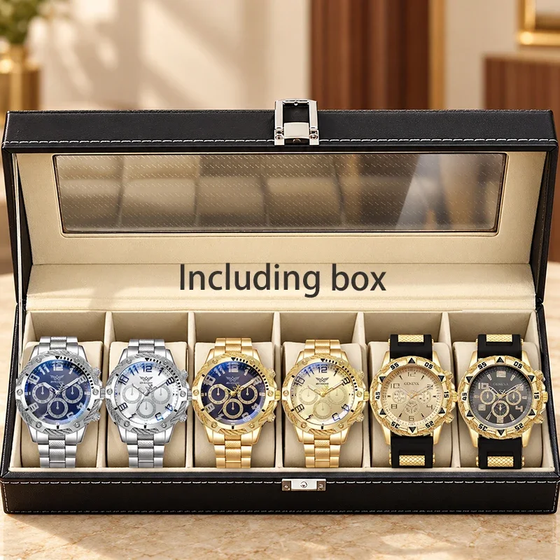6Pcs Geneva Men Sports Quartz Wrist Watch Set With 6 Slots PU Leather Watch Box Chronograph Male Wristwatch Collection Gift Set