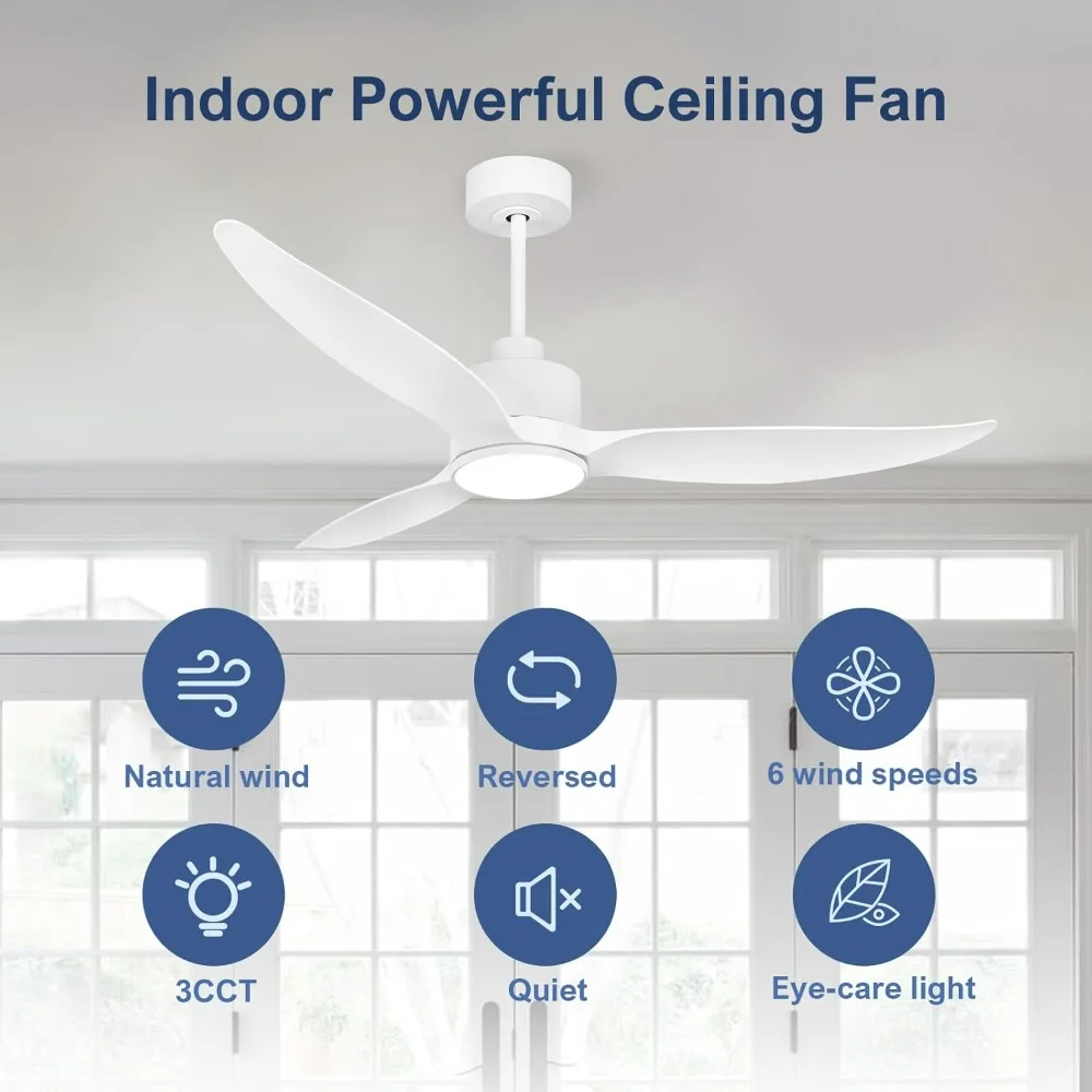 مروحة سقف حديثة بيضاء مقاس 52 بوصة مع ضوء وجهاز تحكم عن بعد، تشغيل هادئ، شفرات قابلة للعكس، إضاءة قابلة للتعتيم لغرفة النوم #5