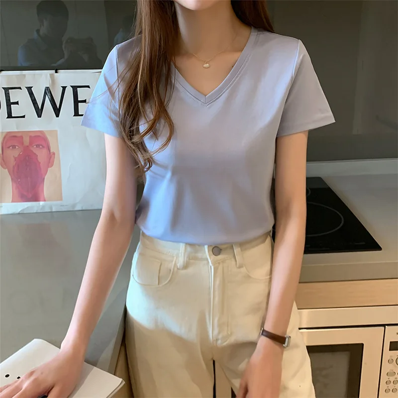 New Women's Solid Color T-shirt Silk Cotton Blended V-neck Short Sleeve Solid  Summer Candy Color Basic Comfortable Top y2k top