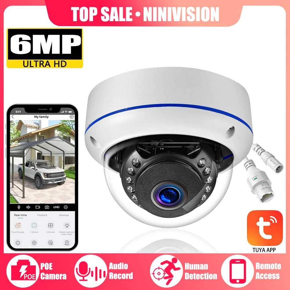 New Design TUYA APP Smart Life Home P2P Night Vision Real-Time Audio H.265 6Mp Ip Dome IP66 Waterproof Metal CCTV Camera