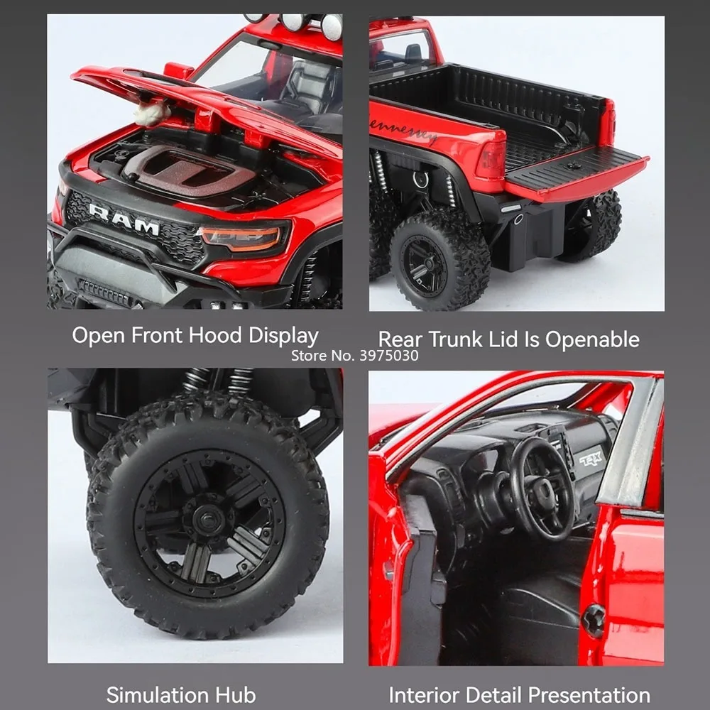 1:32 Dodge RAM Mammoet 6x6 Speelgoedauto's Legering Diecast Modellen met Licht Geluid Trek Miniatuur Voertuigen Tafeldecoratie Model