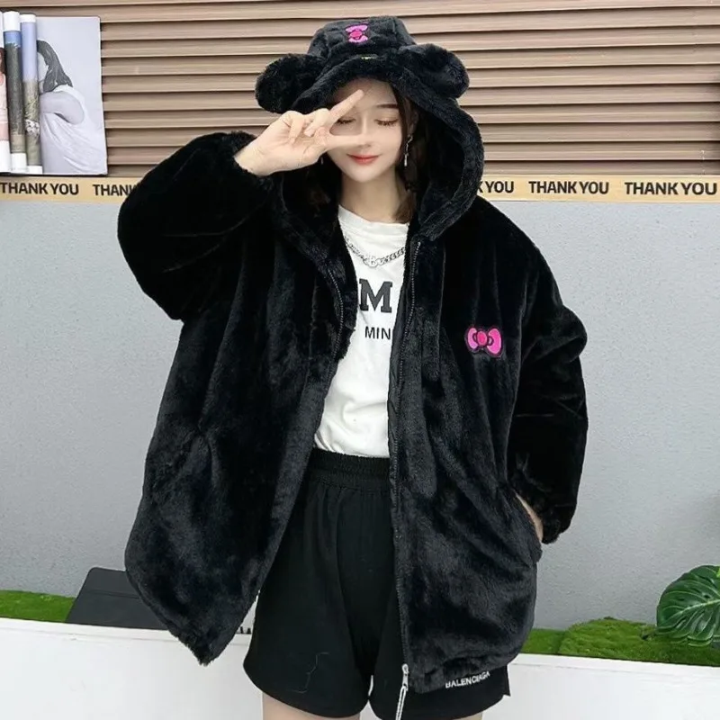 Cute Hello Kitty Faux-cashmere Hooded Coat For Women In Autumn And Winter Loose Zipper Y2k BF Style Fuzzy Jackets Clothes