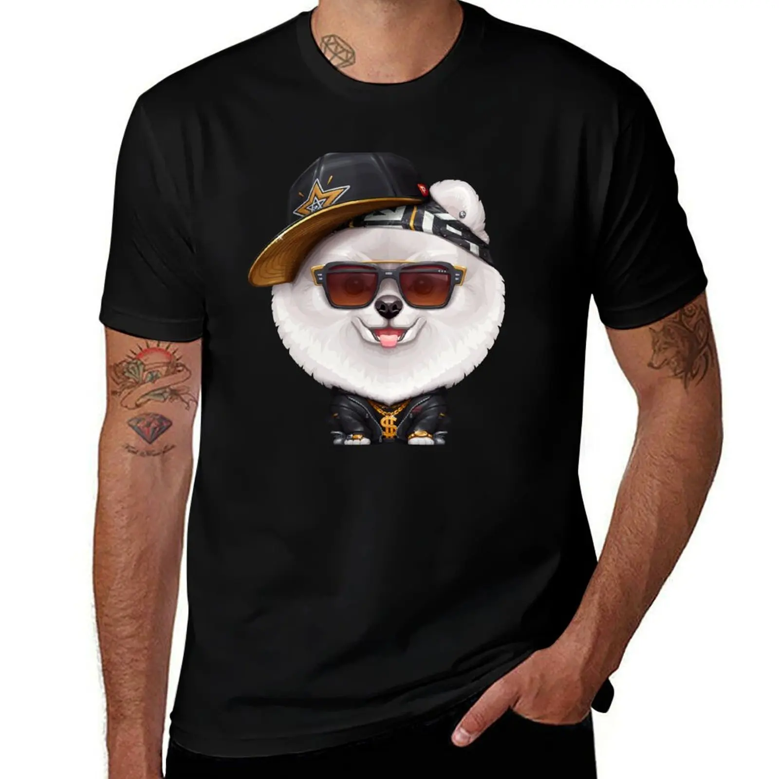 White Pomeranian Hip-Hop Super Star T-Shirt Basic Short Sleeve for Men T-Shirt