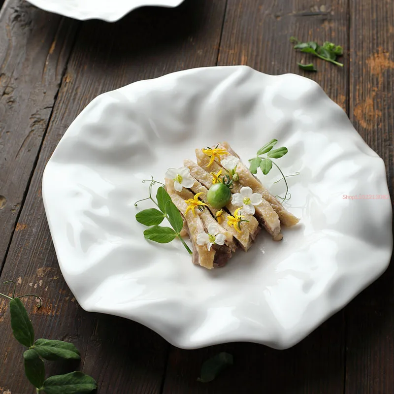 French Ceramic Tableware Irregular White Western Plate Pleated Paper Restaurant Fruit Tray Dumpling