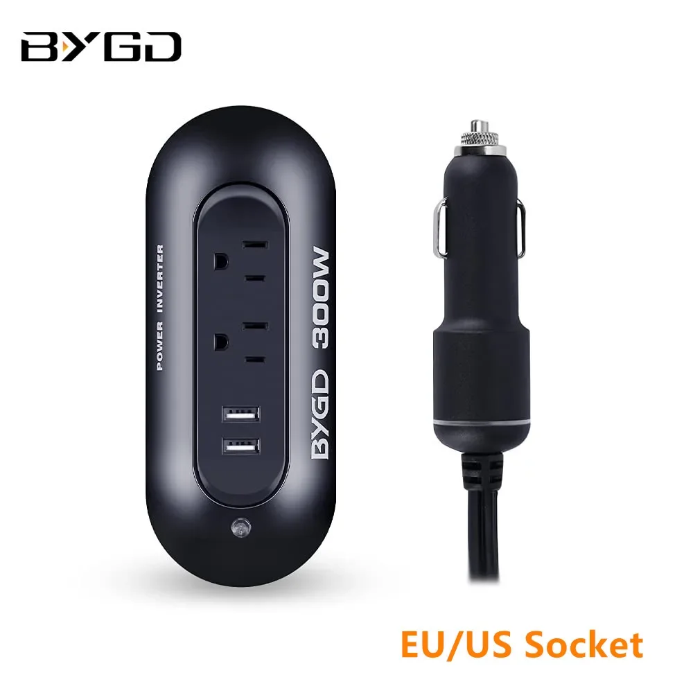 BYGD 300W Car Power Inverter DC 12v to AC 220V/110V Auto Power Converter EU US Socket 3.1A Dual USB Port Car Power Adapter