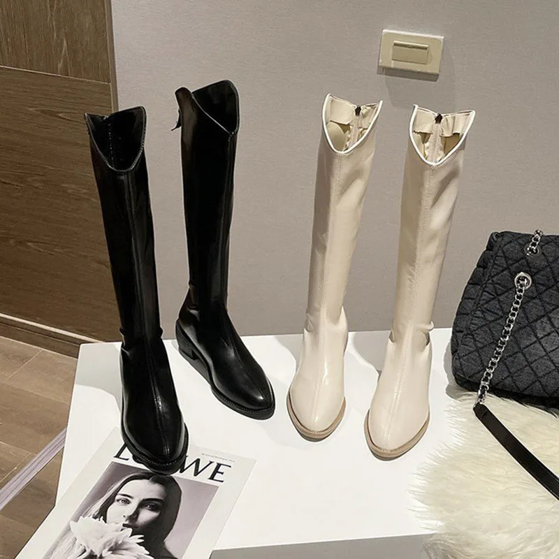 Women Knee High Boots Spring Autumn Pointed Toe Elegant Modern Boots Fashion Zipper Long Shoes Ladies Booties