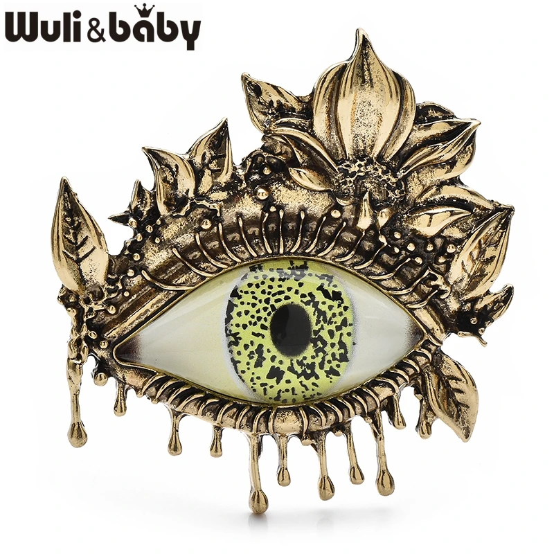 Wuli & baby خمر زهرة العين دبابيس معدنية خضراء عيون للنساء على ظهره الملابس بروش دبابيس الهدايا