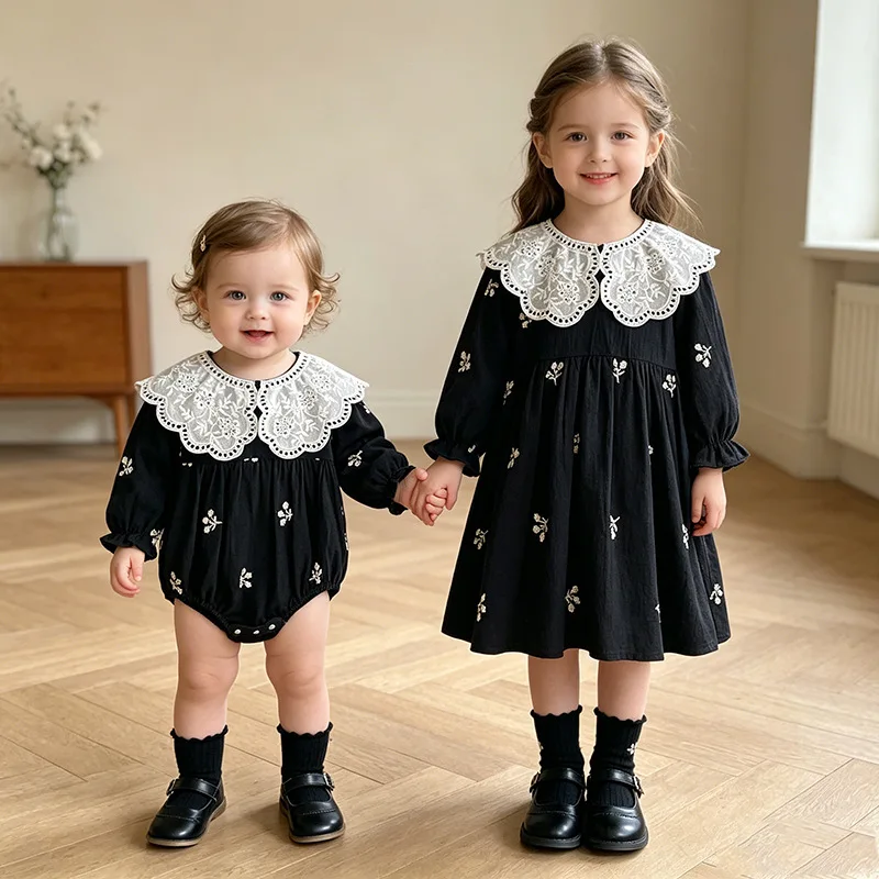 Korean version of girls' dress spring and autumn baby clothes climbing clothes doll collar embroidered girl skirt sister clothes