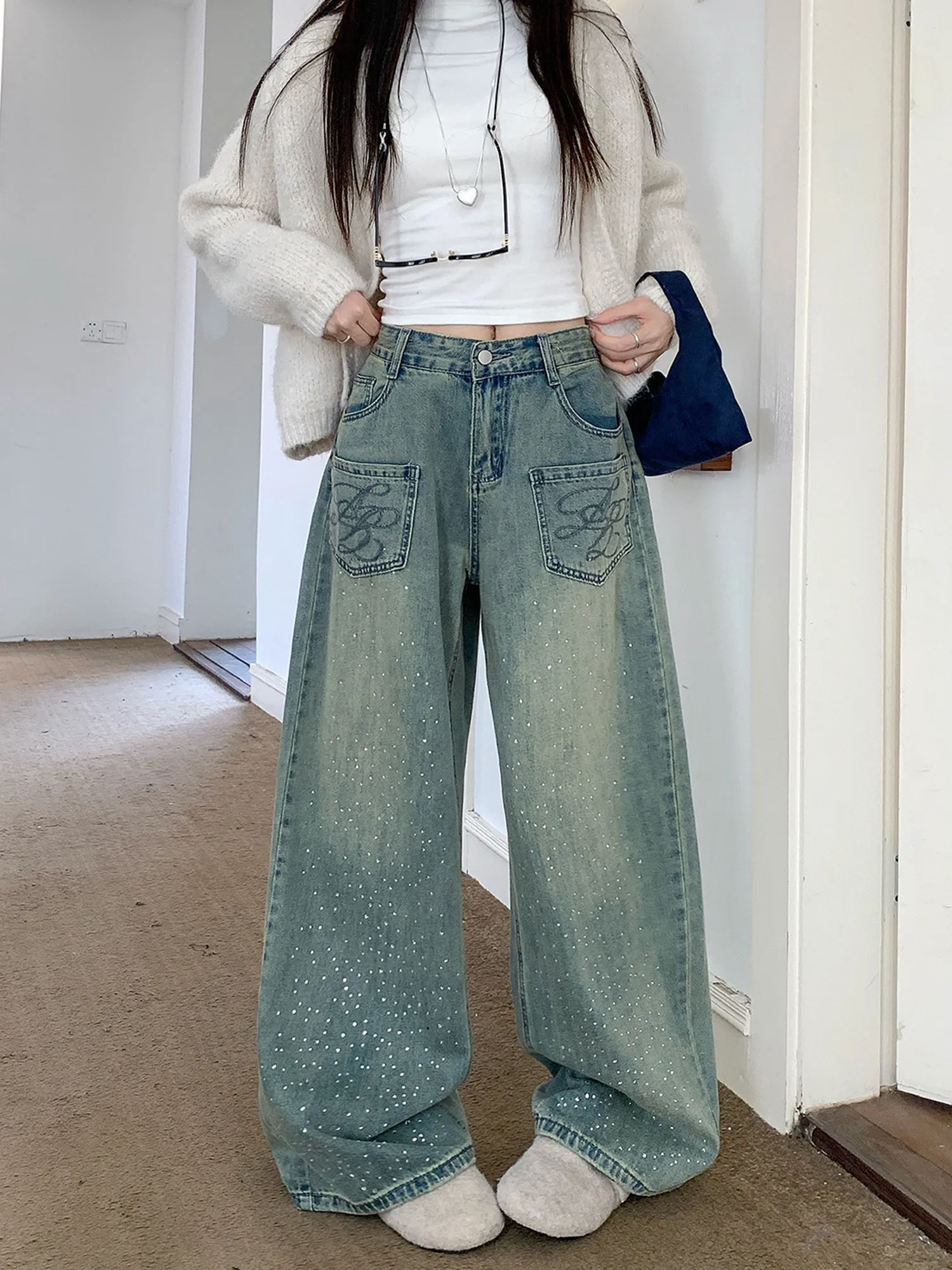 

plus Size Women's Fce Lined Wide Leg Jeans High Waist Diamond Embellied Bootcut Trousers for Pear aped Body Slimming