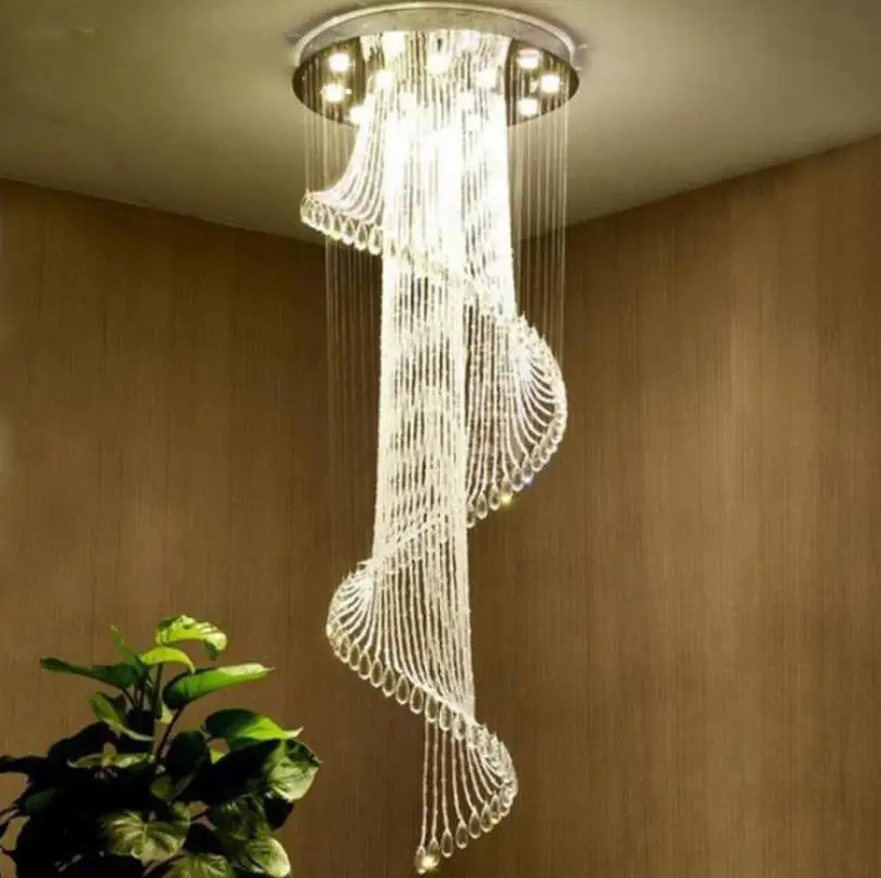 

2026 New Round Duplex Staircase Rotating Chandelier Modern Minimalist Villa Luxury Hotel Hollowed Out Long Crystal Lamp
