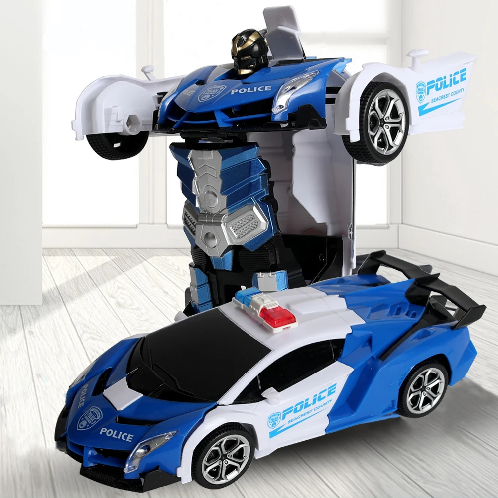 Remote Control Car Transform Car Robot, One Button Deformation to Robot with Flashing Light, 1:18 Scale Transforming Police Car