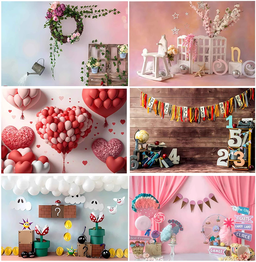 

Balloons Flowers Backgrounds Photography For Girls Birthday Party Baby Portrait Children Personalized Custom Backdrops Banner