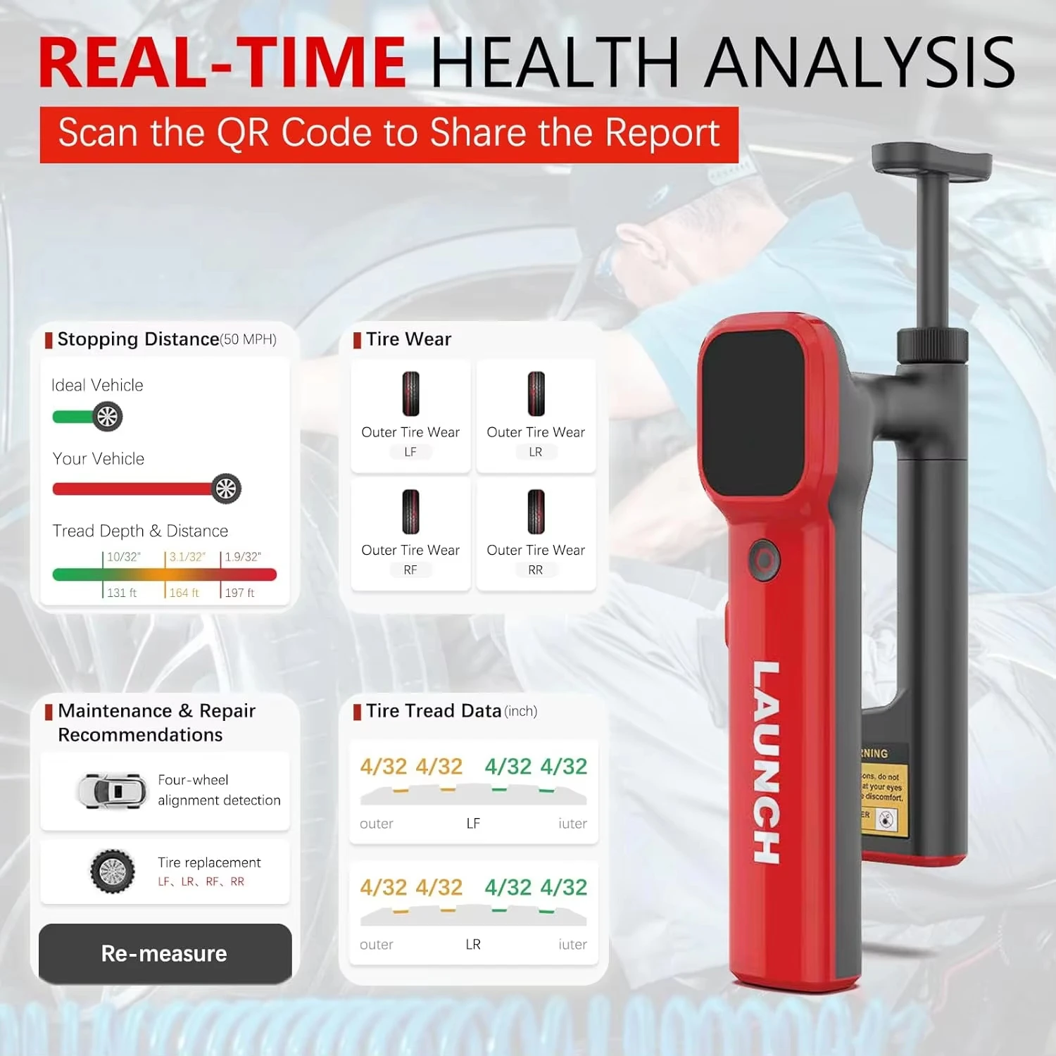 LAUNCH X431 HTD180 Reifentiefenmesser Laser-Scanner 0,1mm Genauigkeit Autoreifen-Verschleißprüfgerät Echtzeit-Detektionsanalyse – Detail 1