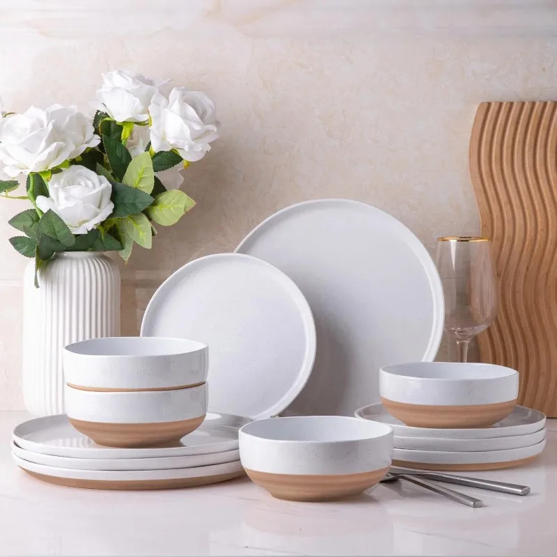 Ceramic Dinnerware Sets for 4, 12 Pieces Handpainted Plates and Bowls Set with Rustic Terracotta Underside