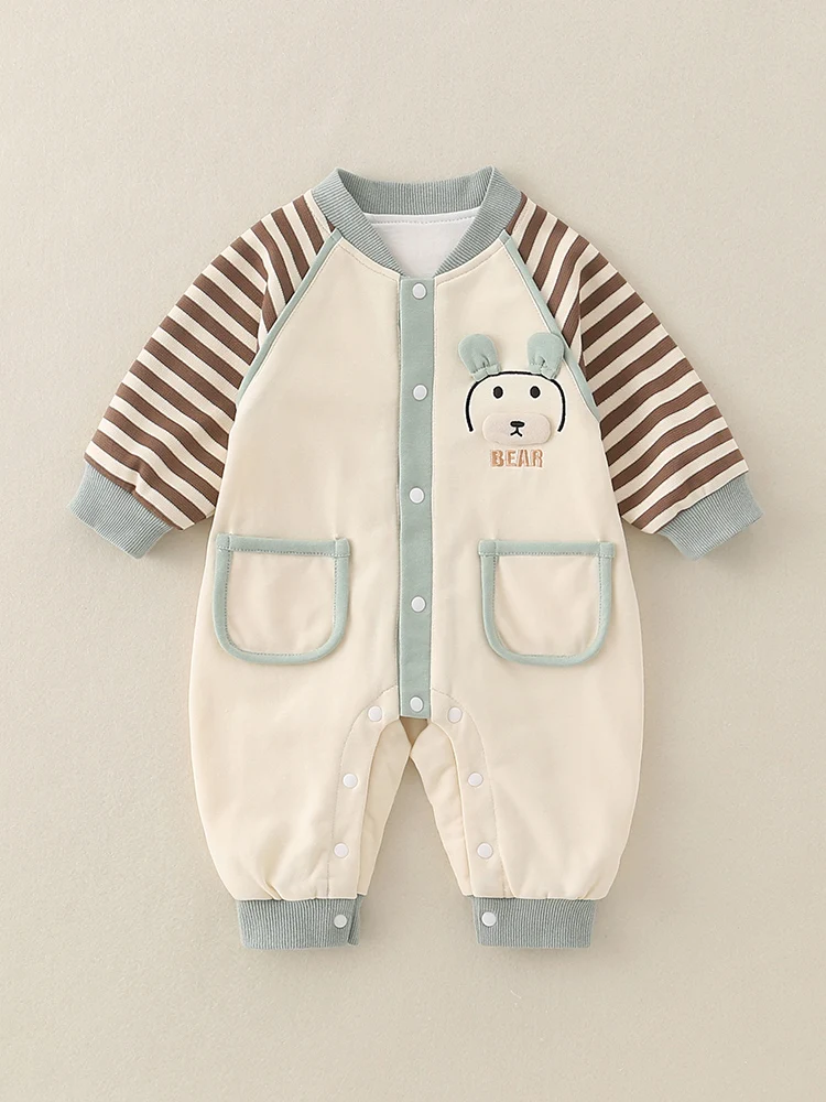 ชุดฤดูใบไม้ร่วง เสื้อแขนยาวสองชั้น กางเกงขายาวลายการ์ตูนเอวสูง ผ้าริ้ว น่ารัก สำหรับเด็กแรกเกิด  ใส่ได้หลายโอกาส