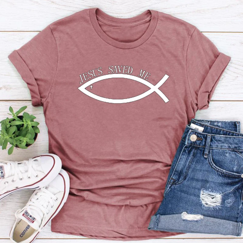 Jesus Saved Me Woman Tshirts Fish Pattern Campus Comic Design Christian Shirt Summer Classic Jesus Saved Me Aesthetic Clothes