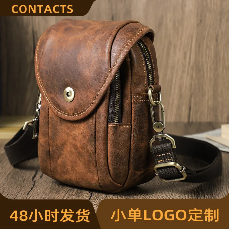 

HTS-Retro Crazy Horse Leather Men's 7-inch Mobile Waist Bag with Belt and Multi functional Leather Crossbody Bag