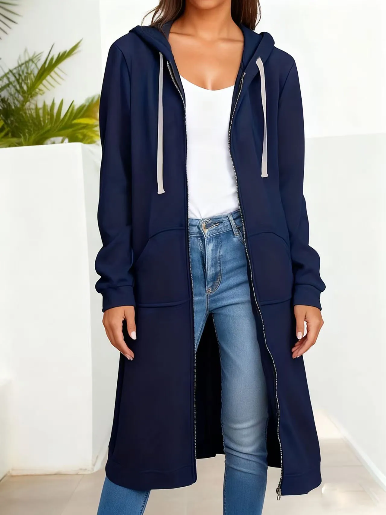 Casaco feminino plus size primavera e outono de comprimento médio com capuz outono e inverno