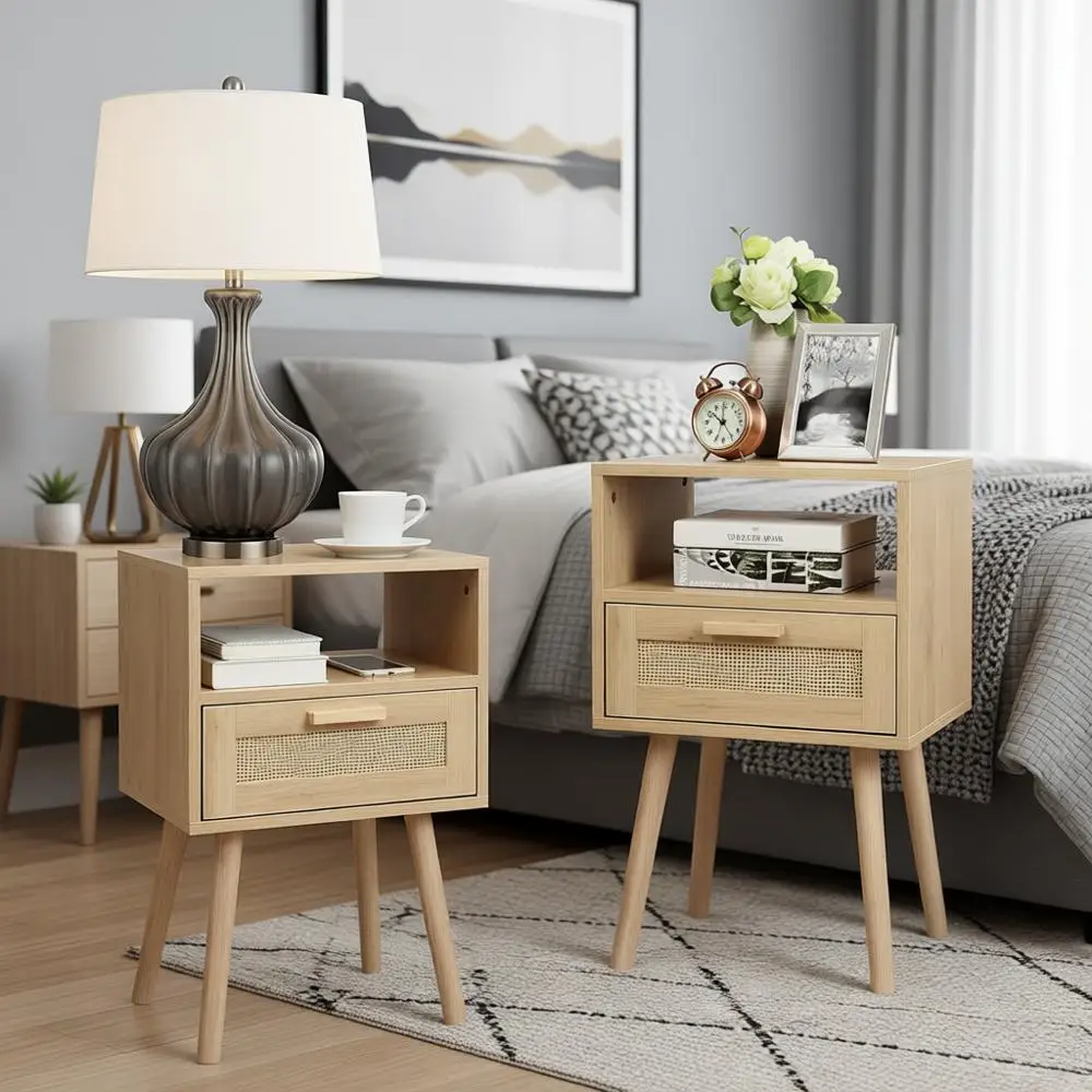 

Pair of Rattan Decorated Nightstands, Wooden End Tables with Storage for Bedroom, Natural Style