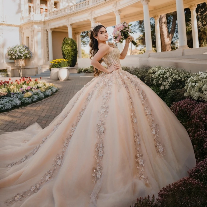 

Блестящие платья Quinceanera цвета шампанского с открытыми плечами, аппликация, кружево, бисер, кристалл, тюль, корсет, вечерние, день рождения, сладкое платье 16 лет