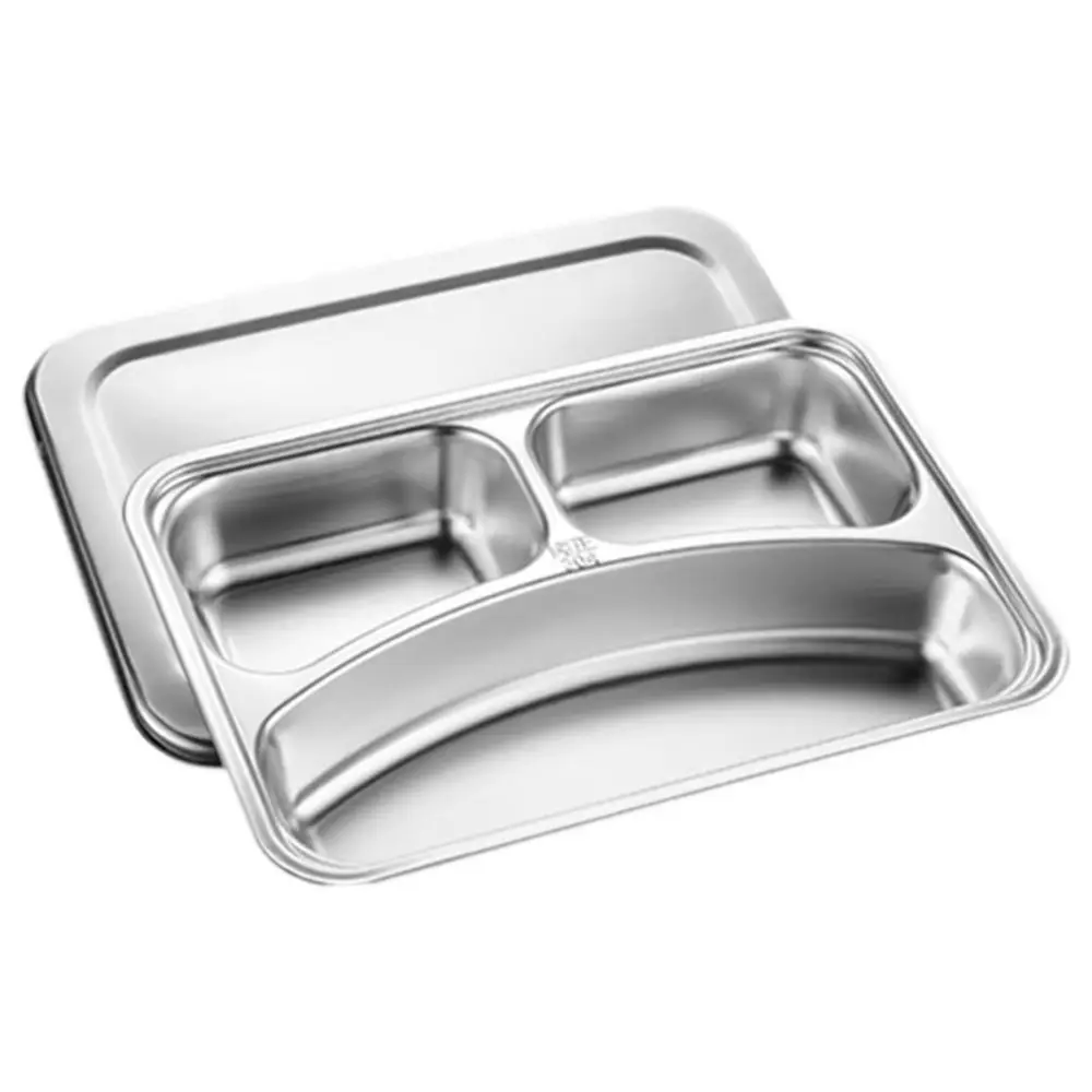 

Stainless Steel Divided Lunch Box Rectangular with Lid Fast Food Plate Food-Grade Rustproof Divided Dinner Tray Kitchen Supplies