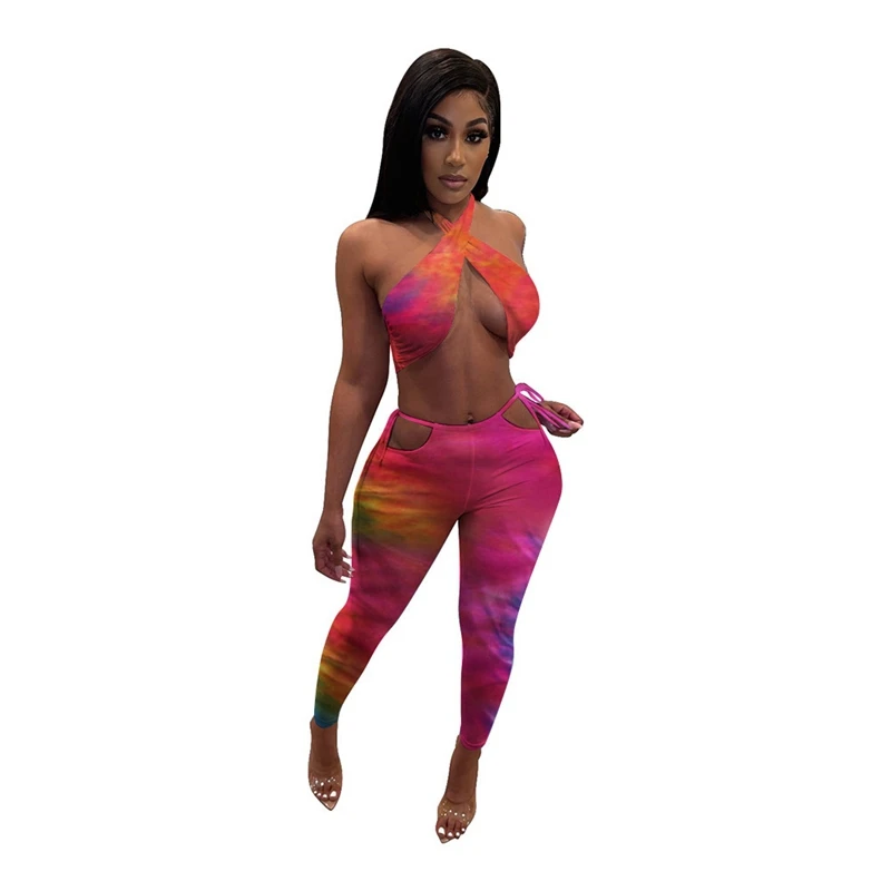 Tie Dye Sexy Tweedelige Outfits Voor Vrouwen 2022 Party Club Wear Zomer Co Ord Sets Halter Crop Top 2 stuk Broek Set Bijpassende Sets