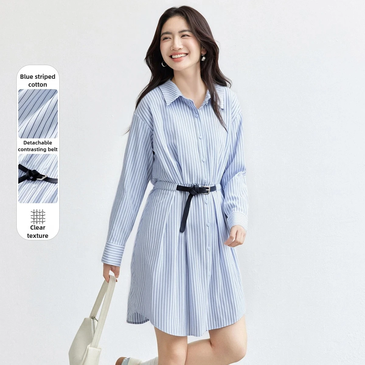 

SENTUBILA Simple Cotton Stripe Shirt Dress Women 2025 Autumn Commuter Contrast Dresses Belt Waist A-line Female Dress 151L58148