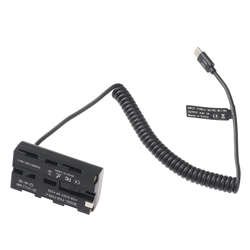 بطارية الدمية NP-F550 بطارية افتراضية + كابل سلك زنبركي من النوع C 9 فولت/3 أمبير 8.4 فولت/3 أمبير 22AWG، OD3. ملحقات التصوير الفوتوغرافي مقاس 5 مم