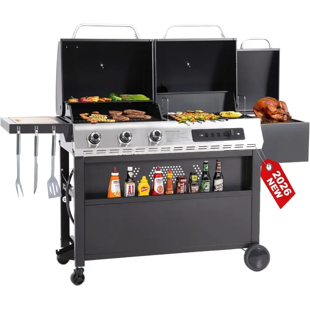

Газовый и угольный гриль-комбо с 3 конфорками и коптильней Oset, 30 000 Dual Fuel Grill, 839 кв. футов. Внутри. Зона для приготовления пищи с грилем-барбекю, идеально подходит для улицы