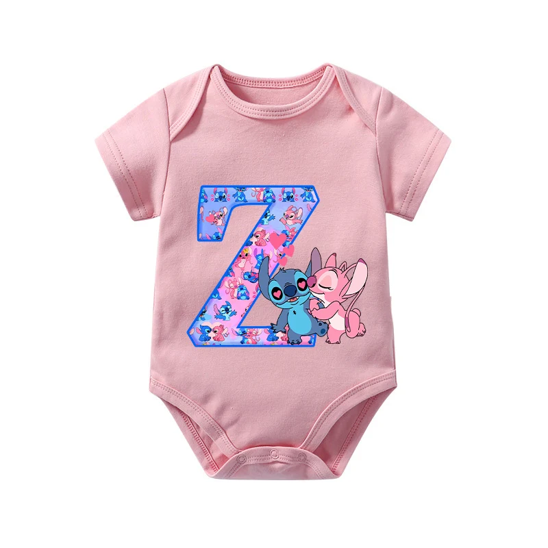Stitch Angel Baby Girl Romper Disney Summer Kawaii Newborn Clothes New Cute Letter A-Z Bodysuits Kids Short Sleeve Onesie Gift