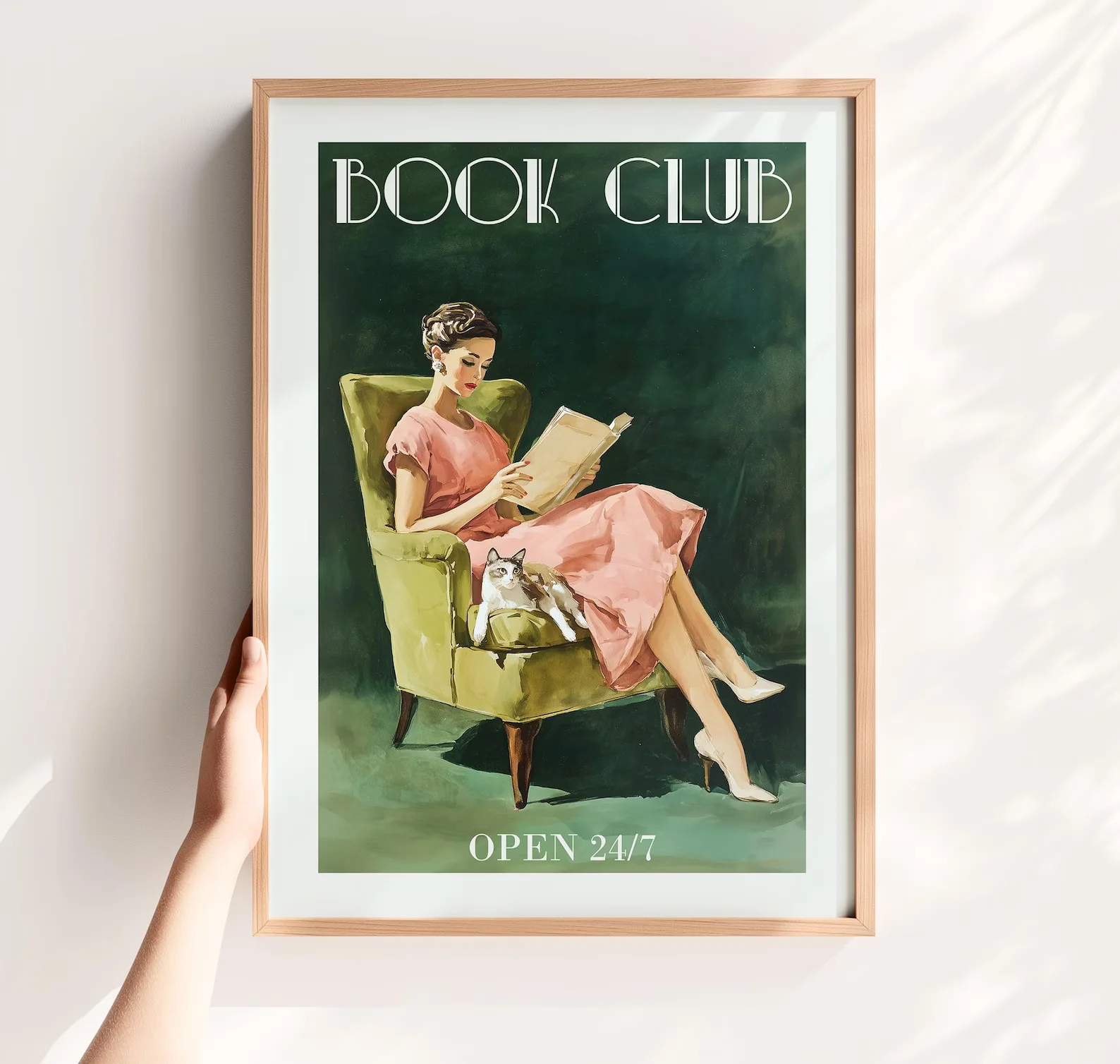 Book Club Wandkunst – Retro-Frau lesen Digitaldruck Katze, Vintage Buchliebhaber Dekor, literarisches Poster, Lesecke druckbar