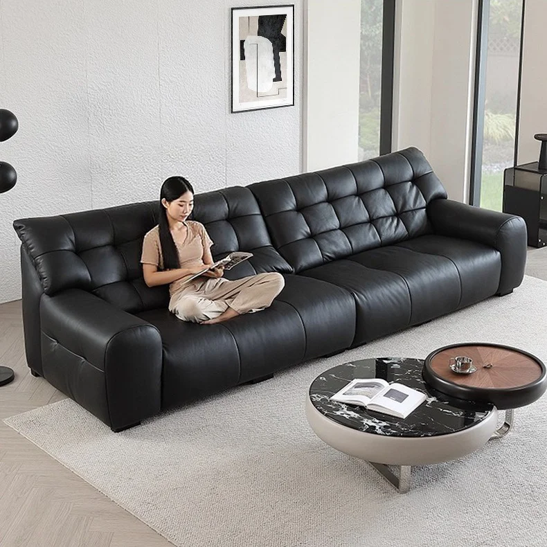 #Black Genuine Leather Chesterfield Sectional Sofa Bed Modern Nordic Design 3-Seater Luxury Sofa Set Stainless Steel Legs Villa view 2