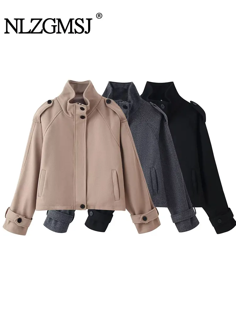 

NLZGMSJ Women Coat 2025 Autumn Stand Collar Long Sleeve Zipper Loose Jacket Female Outwear Office Casual Overcoat Y2K