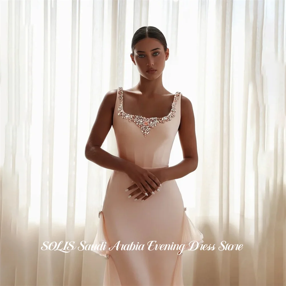 SOLIS Blush Pink Evening Dress Spaghetti Strap Formal Gown Beading On Chest Night Dresses Layered Sweet Prom Dresses Customized