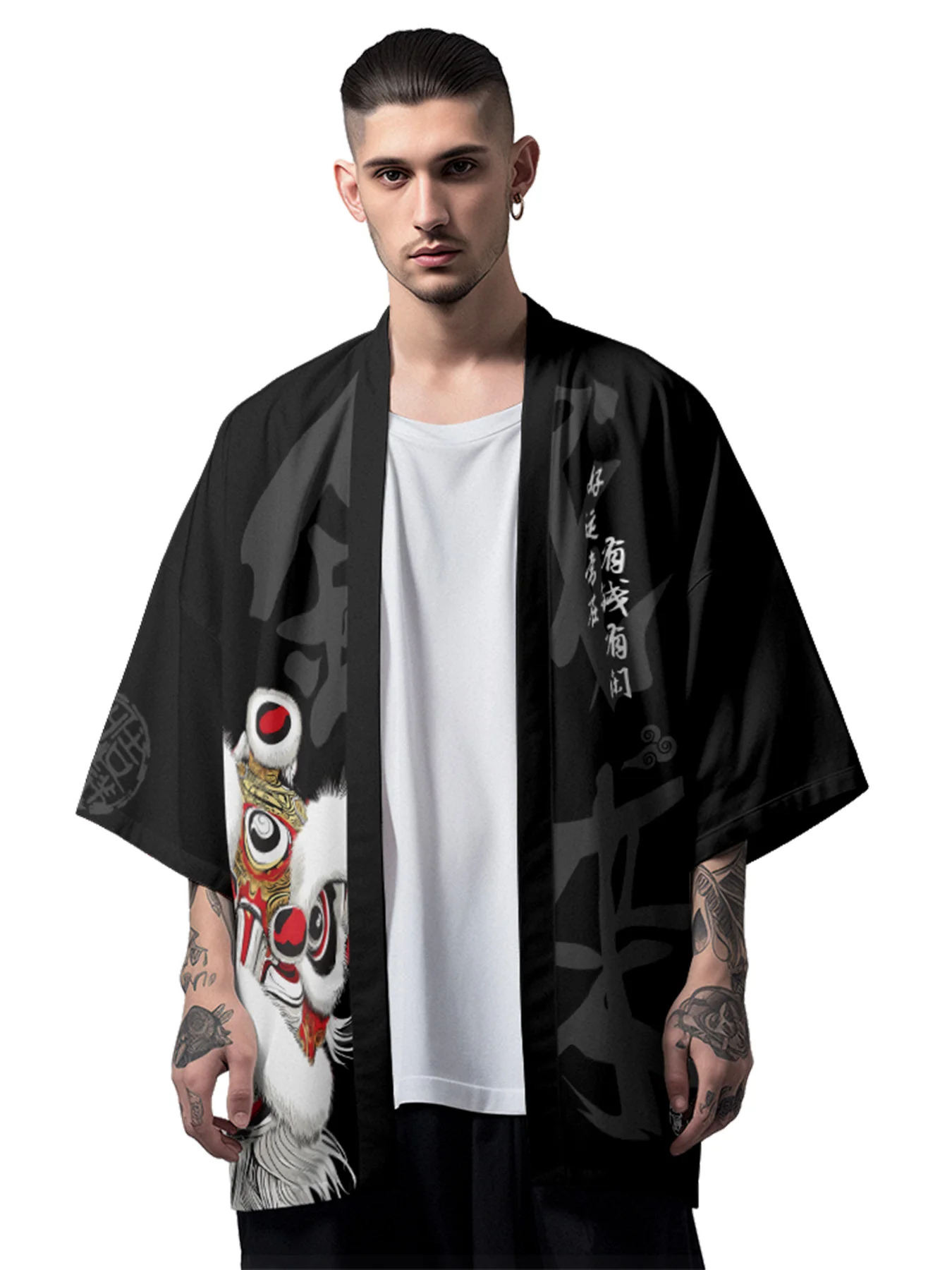 National Tide Chinese Traditional Culture Lion Dance Kimono Robe Coat Loose Five-quarter Sleeve Men Shirts