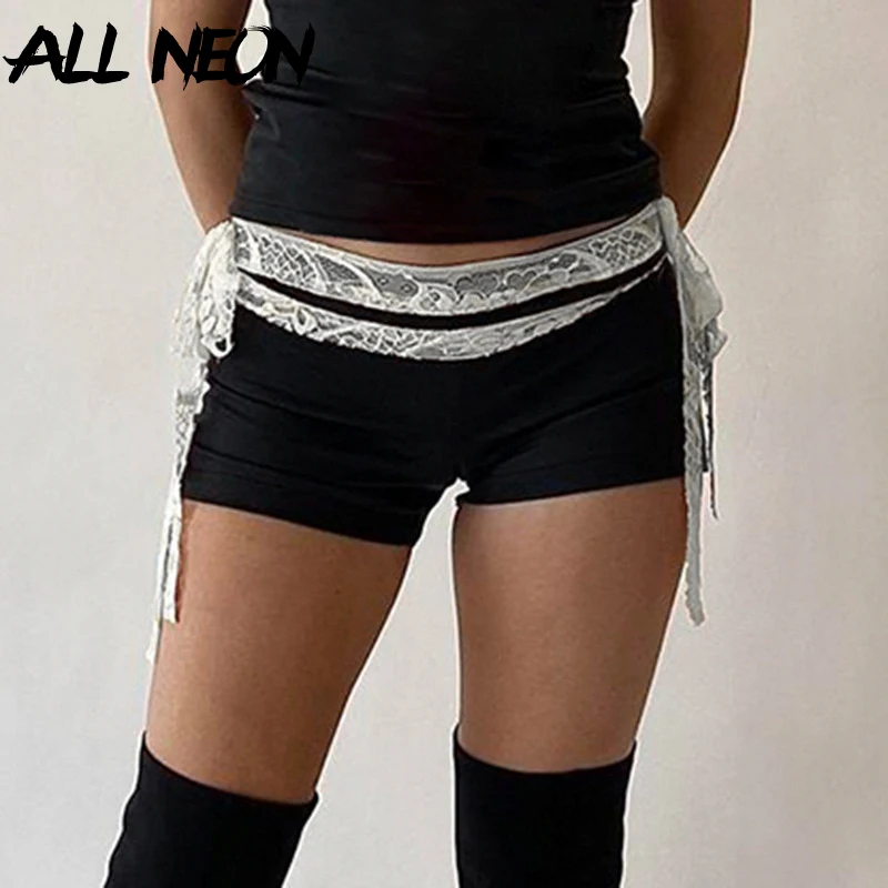 

ALLNeon 2000S Aesthetics High Waist Sporty Short Pants Fairycore Lace Patchwork Fitness Hip Shorts for Women Y2K Casual Hot Pant