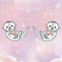 2pcs Cute Otter with Shell Zircon Stud Earrings for Family Anniversary Party Gifts, Jewelry, Niche Style Hot List, Bestselling