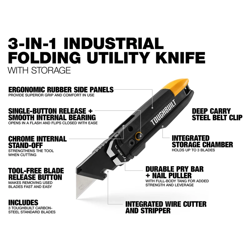 TOUGHBUILT TB-H4-12-IST Pry Bar Utility Knife With Storage Cutting Convenient Button Durable Tool Knife