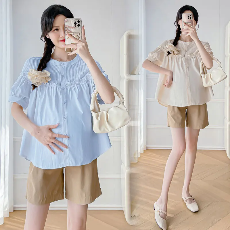 Pregnant Women's Summer Short Sets Ruffled Puff Sleeve O-Neck Pleated Shirts+Belly Shorts Two Pieces Suits Maternity Clothes set