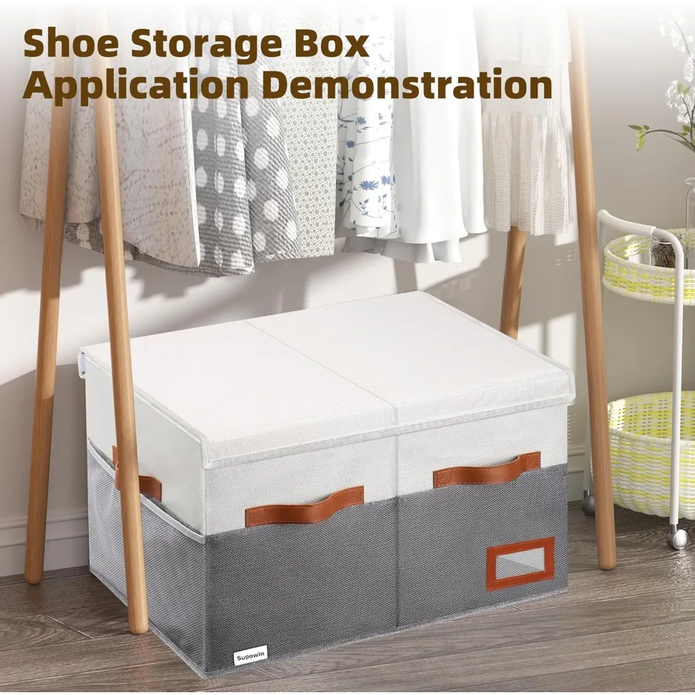 Organizador de zapatos para armario, contenedores de almacenamiento de zapatos plegables con tapa y divisores ajustables, almacenamiento de caja de zapatos de tela