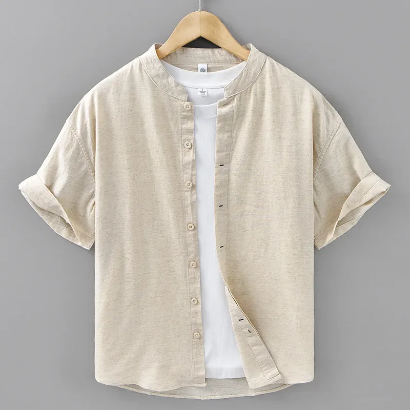 

2026 Summer New Breathable Linen Cotton Solid Color Short Sleeve Shirt for Men Clothing Stand Collar Shirts
