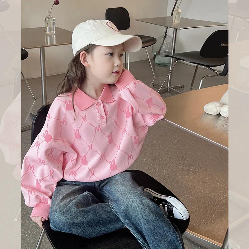 

2025 New Autumn/Winter Children's Loose Polo Collar Little Rabbit Head Printed Pink Cotton Hoodie