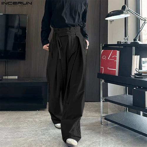 Imagen 2 del producto INCERUN, pantalones para hombre, pantalones para correr con botones de Color sólido, pantalones de pierna ancha informales sueltos, ropa de calle para hombre, pantalones largos plisados de moda 2025, S-5XL