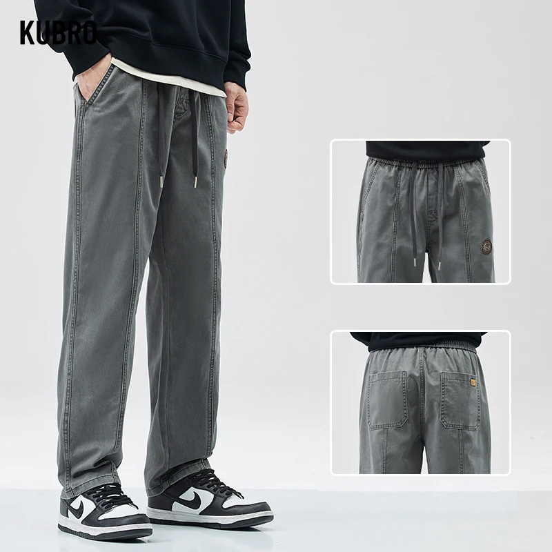 

KUBRO Harajuku Street Youth Casual Cargo Pants 2024 Spring Fashion Loose Straight Trousers Men Elastic Waist Belted Hip Hop Pant