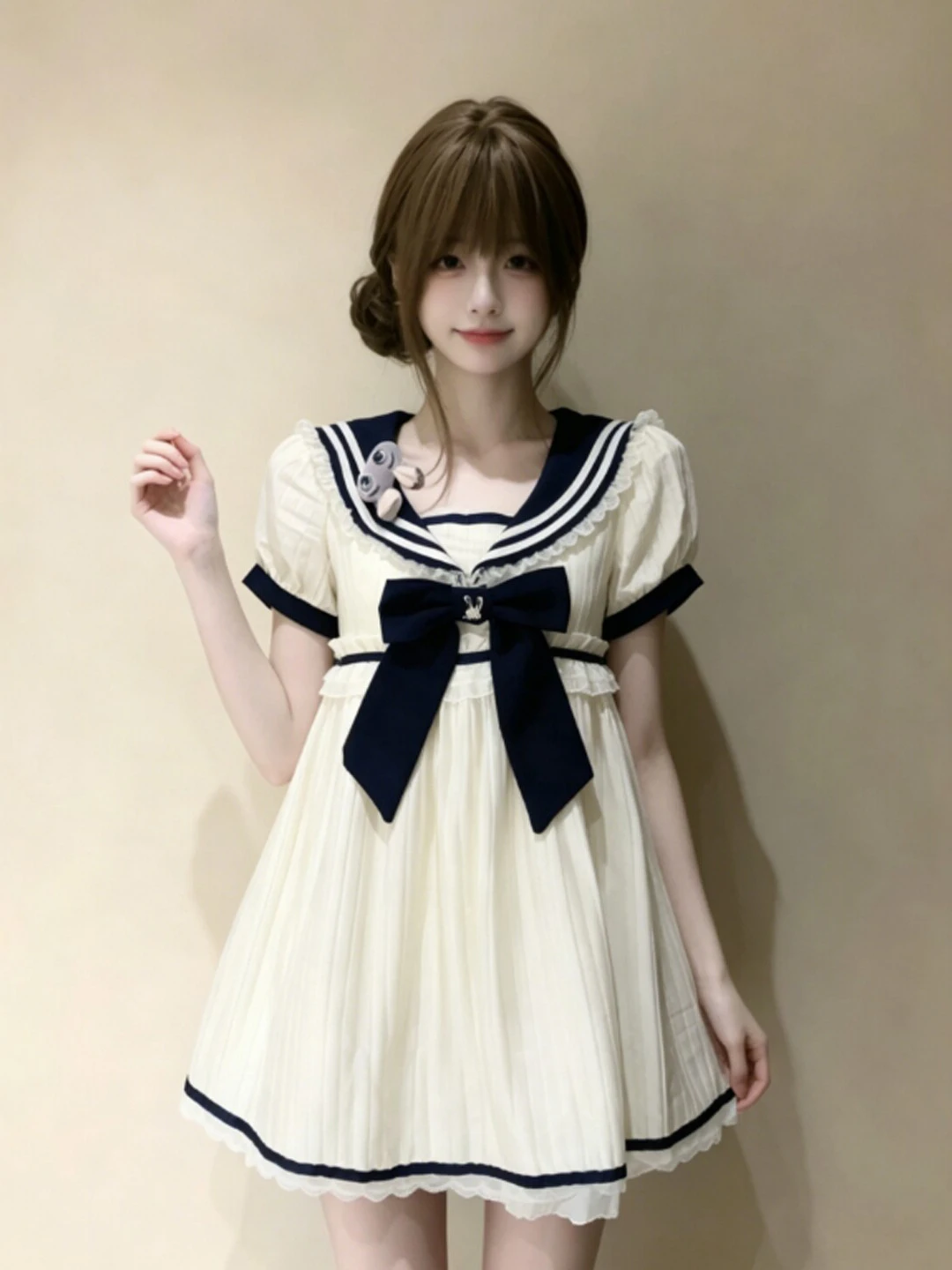 

Korean Style Short Sleeve Doll Dress Beautiful Knot Navy Style Summer Dress Women's Fashion Casual City Commute