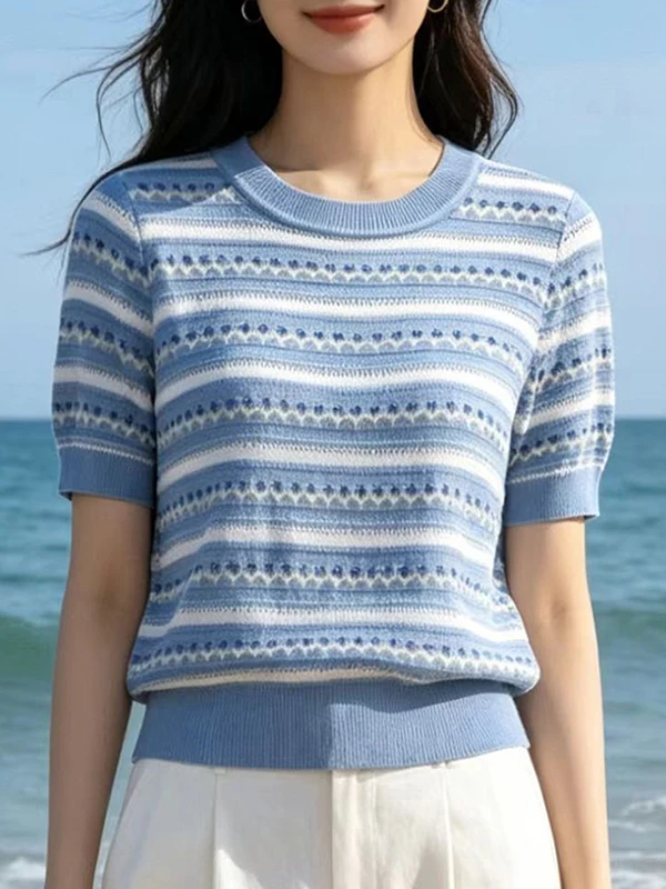 

Summer 2026 Women's Knitted Short Sleeve round Neck Striped Top Casual Style Shoulder Width Regular Fit Yellow Color