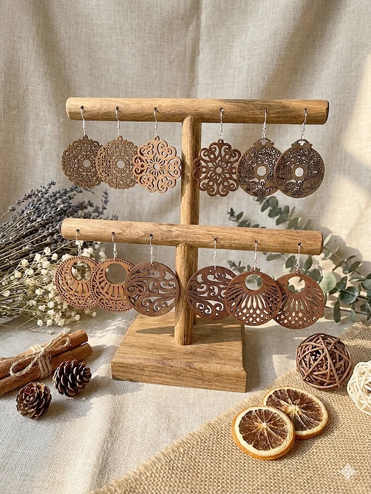 6 Pairs/Set, Elegant Women's Earring Set, Round Hollow Flower Mandala Geometric Carved Wooden Earrings, Vintage Bohemian Ethnic Style Palace Style Earrings, Suitable for Daily Wear, Vacation, Gift Giving, and Any Occasion