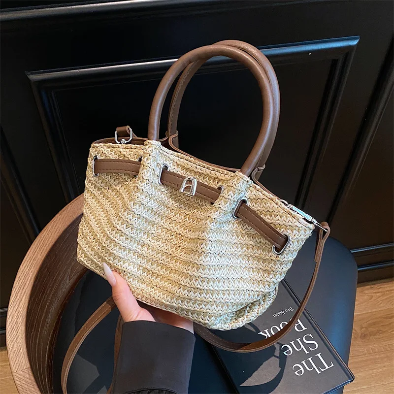 

​ Женская тканая сумка-ведро в стиле бохо 2025 года — регулируемая через плечо и плечо, кошелек для отпуска с цветными блоками, веганский шик из рафии для пригородных поездок ​